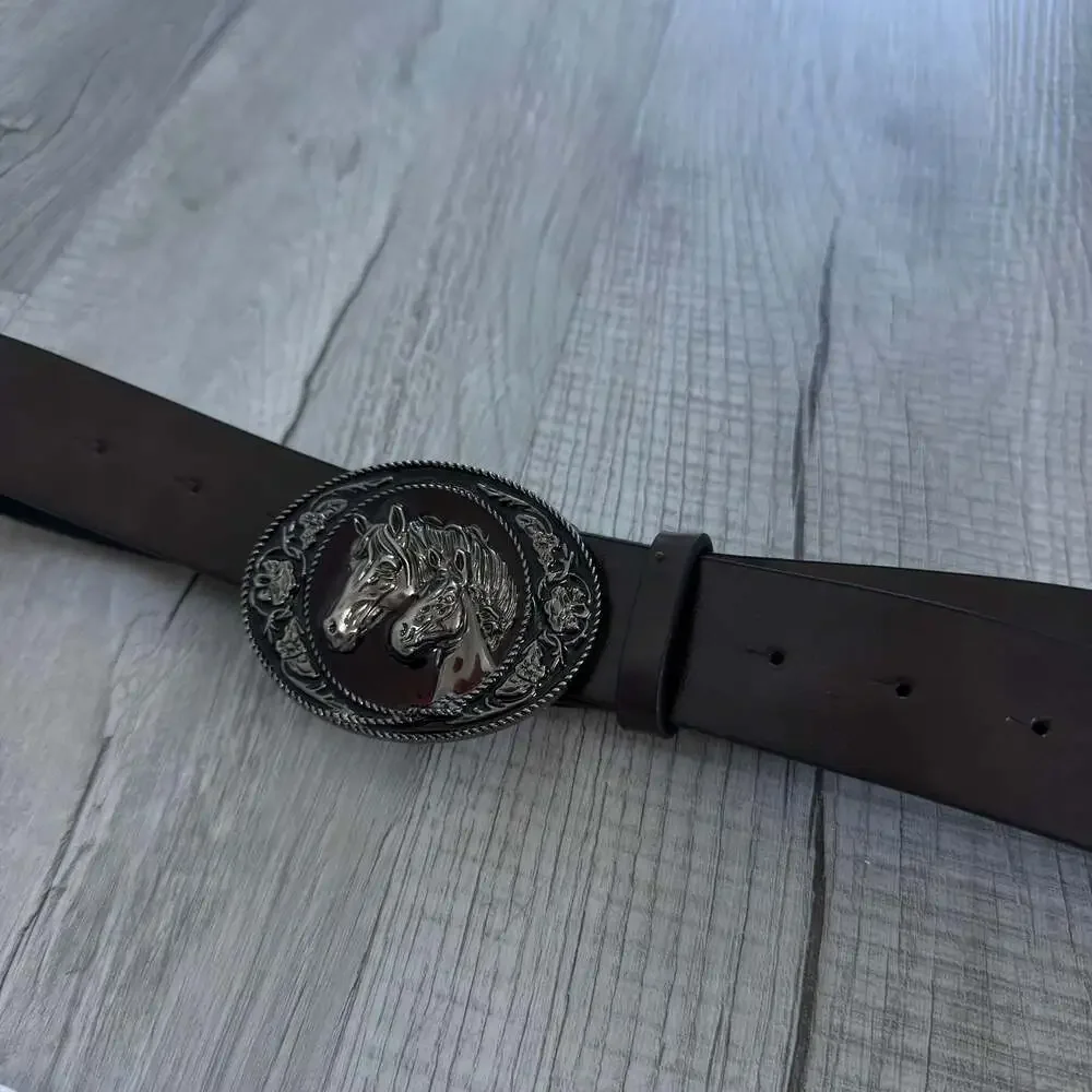 Western Dark Brown Leather Belt With Ornate Oval Double Horse Head Buckle
